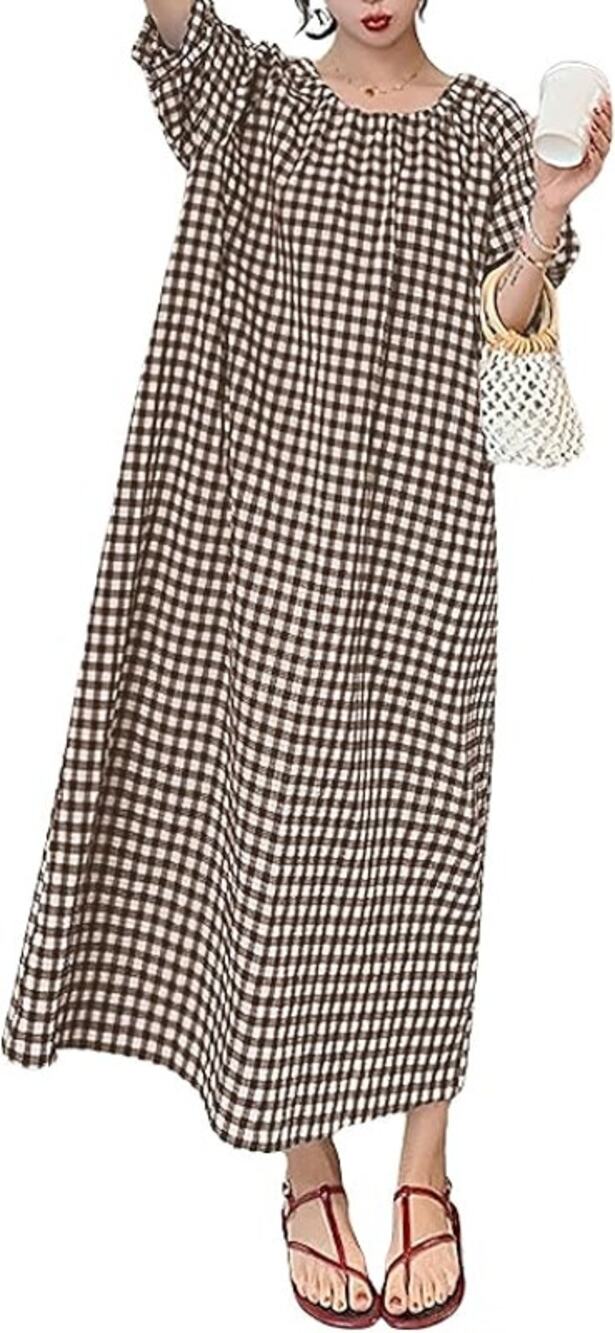 Casual Gingham Loose-Fit Swing Dress Cotton Lantern Puff Sleeve Plaid Midi Dress
